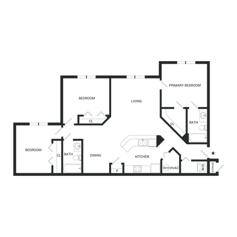 Floor plan for 3 beds, 2 baths, 1160 sqft